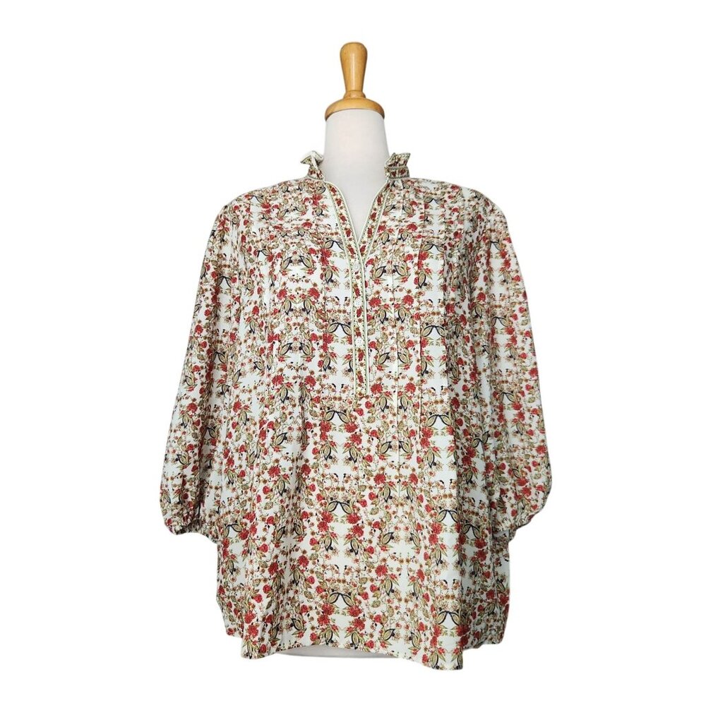 Max Studio Paisley Floral Bishop Sleeve Ruffle Collar Blouse Women's Size 2X